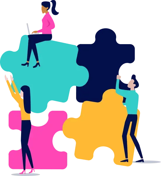 Puzzle illustration with 3 people